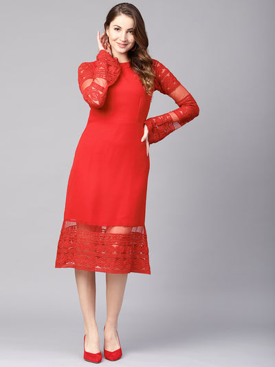 Athena Women Red Solid Lace Detail Sheath Dress - Athena Lifestyle