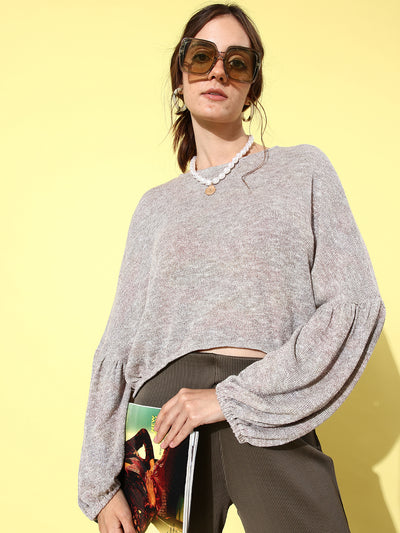 Athena Women Grey Crop Woollen Pullover with Fuzzy Detail - Athena Lifestyle
