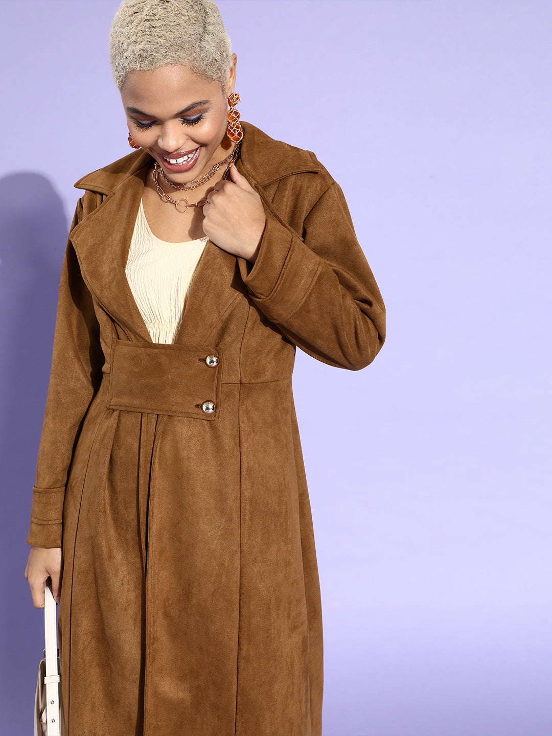 Athena Brown suede Trench-coat with waist lapel and pocket details - Athena Lifestyle