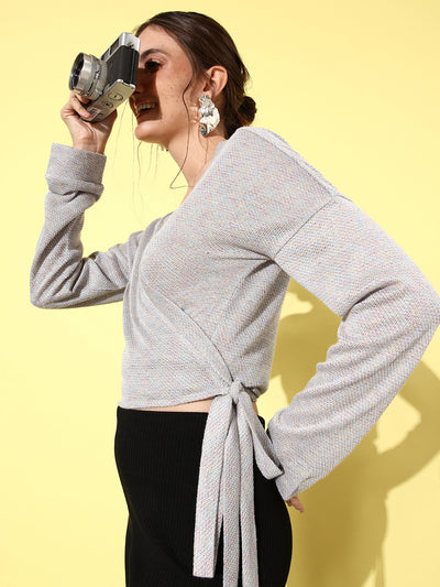 Athena Women Grey Woollen Sweater with Fuzzy Detail - Athena Lifestyle