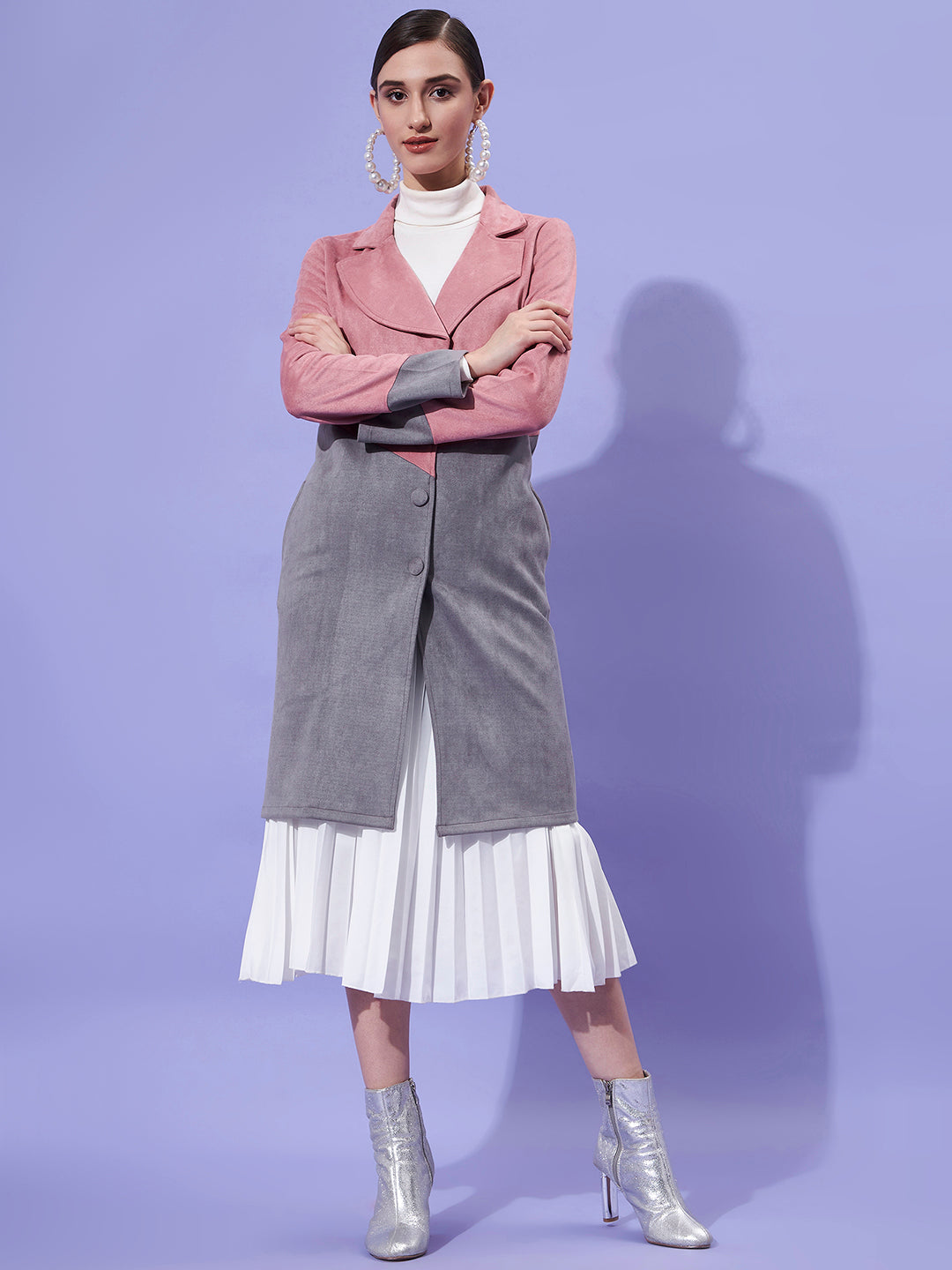 Athena Women Pink & Grey Colorblocked Longline Overcoat - Athena Lifestyle