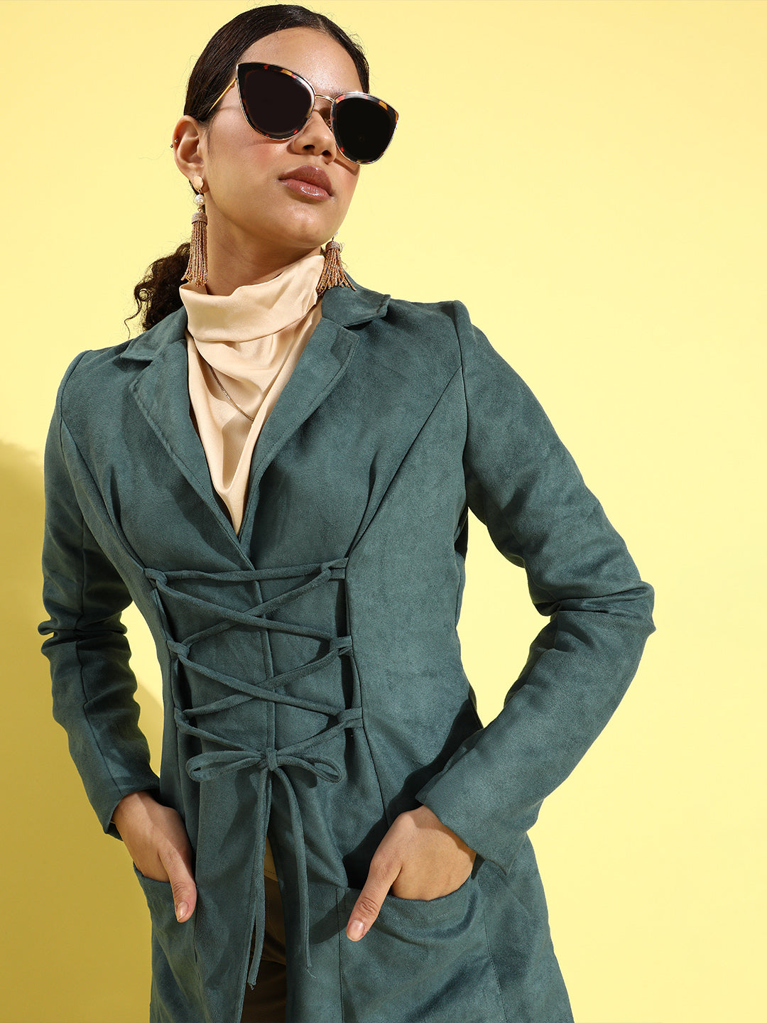 Athena Teal Suede coat with waist Draw-string and pocket details - Athena Lifestyle