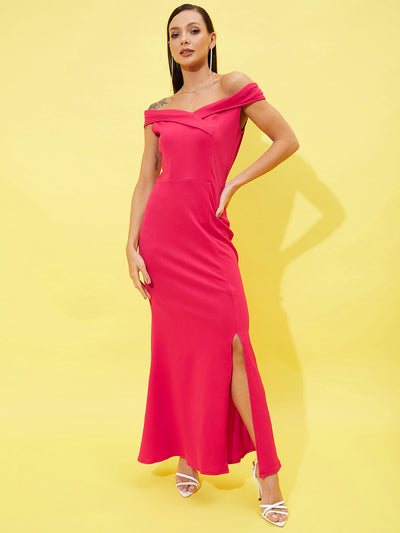 Athena Fuchsia Off-Shoulder Front Slit Maxi Dress - Athena Lifestyle
