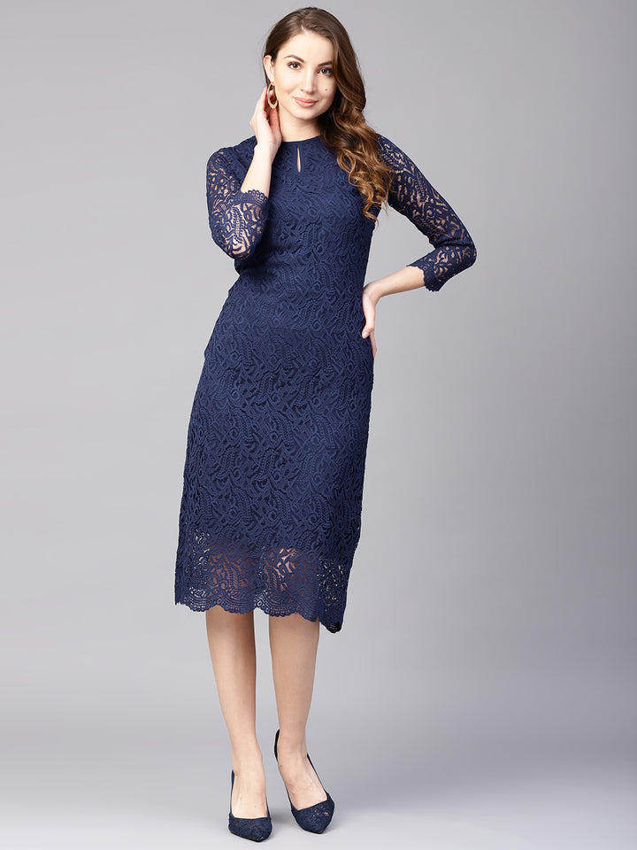 Athena Women Navy Blue Lace Sheath One Piece Dress –