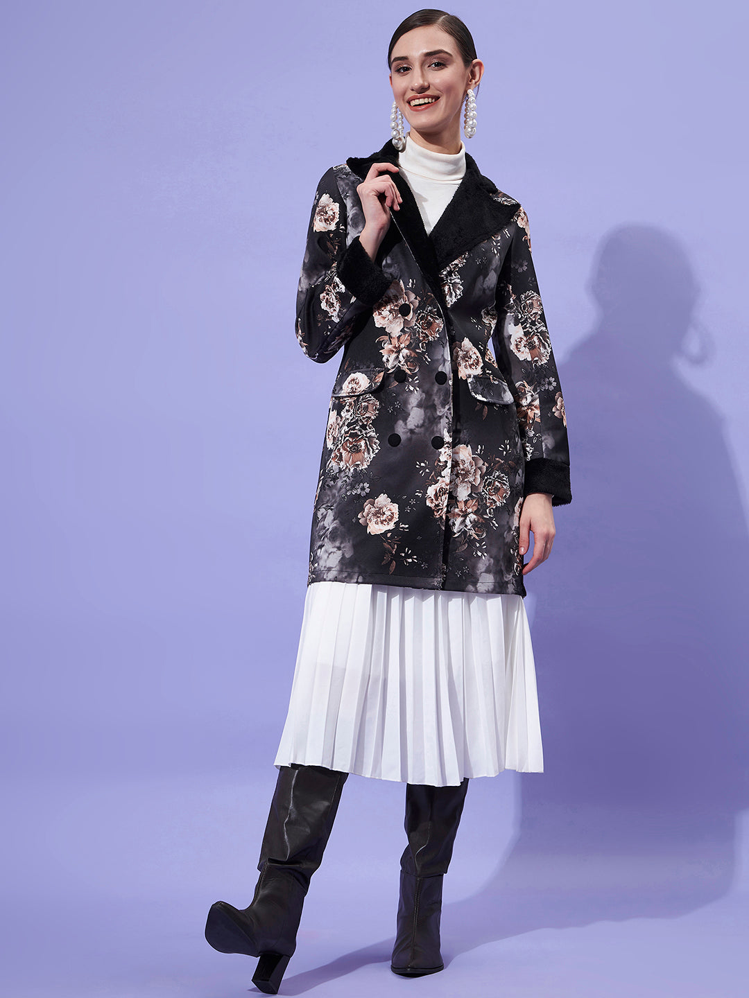 Athena Women Black Floral Printed Fur Notch Collar Overcoat - Athena Lifestyle