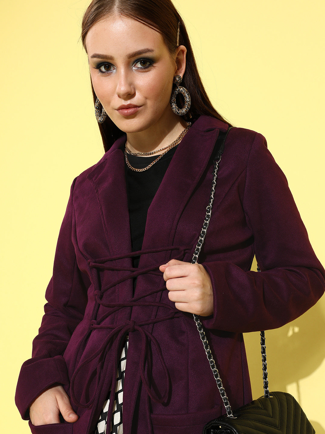 Athena Purple Suede coat with waist Draw-string and pocket details - Athena Lifestyle
