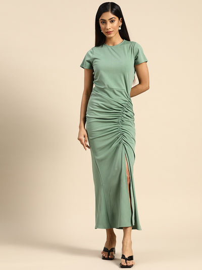 Athena Green Bodycon Ruched Midi Dress - Athena Lifestyle