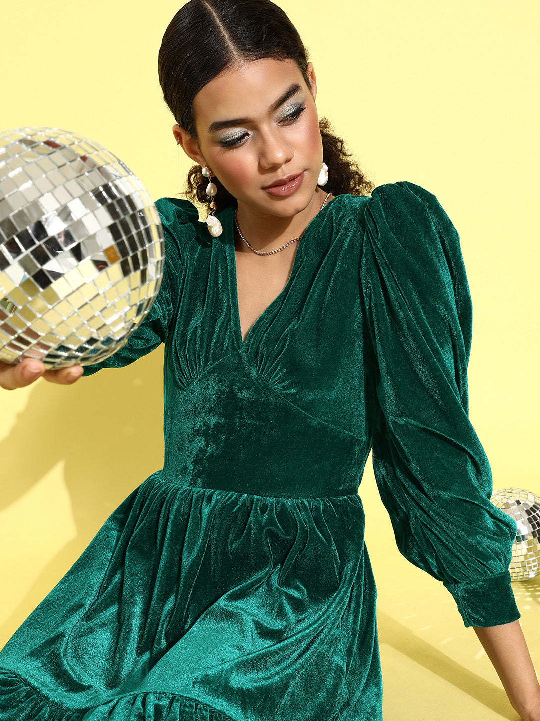 Athena Green A-Line Velvet Dress with Frilled Hem - Athena Lifestyle