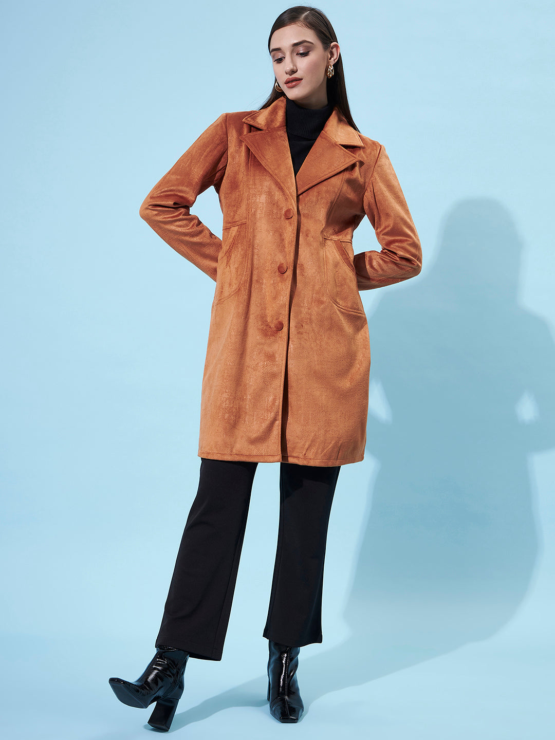 Athena Women Rust-Brown Longline Single-Breasted Overcoat - Athena Lifestyle