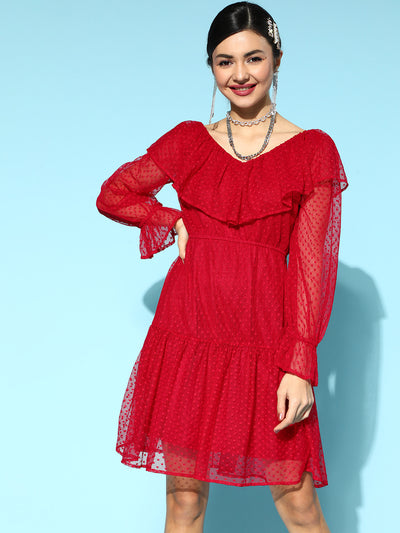 Athena Red frill tulle dress with full sleeves - Athena Lifestyle