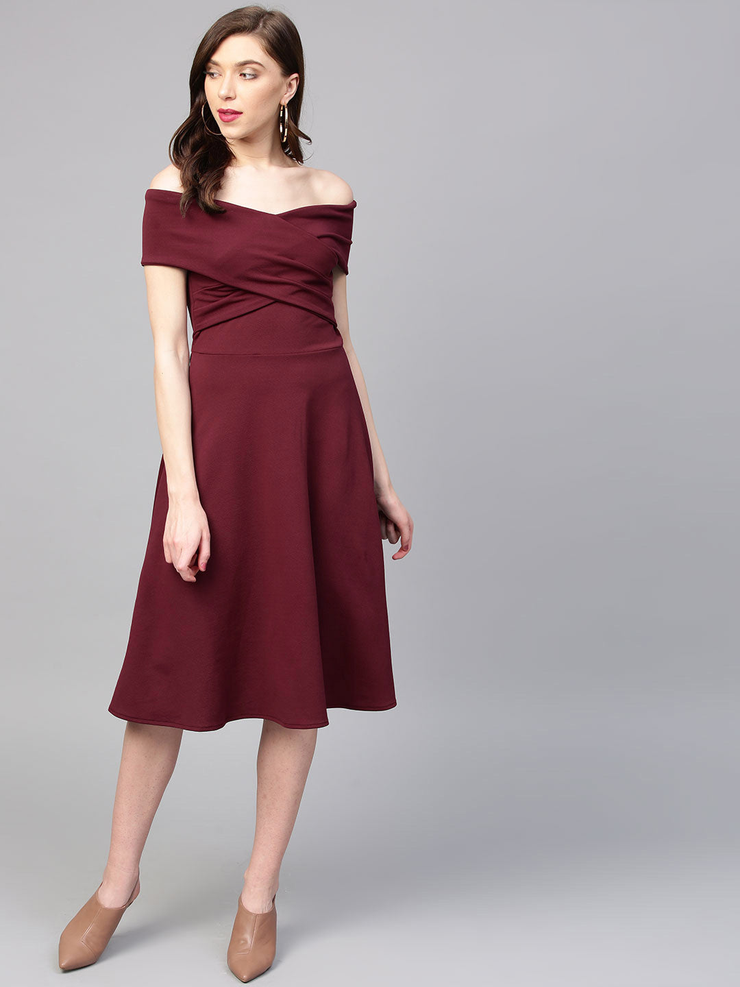 Athena Burgundy Off-Shoulder Pleated Fit & Flare Dress –