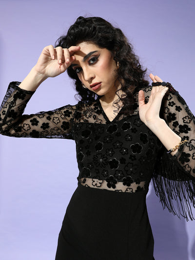 Athena Black Floral V Neck Net Maxi Dress - Athena Lifestyle