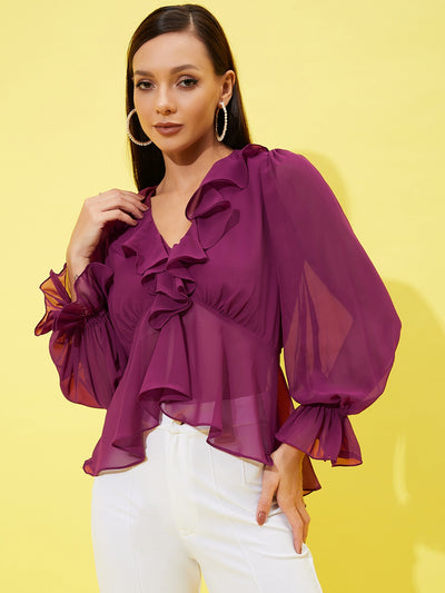 Athena Puff Sleeves Ruffled Georgette Top - Athena Lifestyle