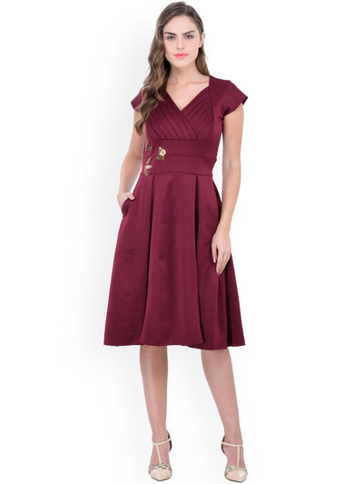 Athena Women Burgundy Fit & Flare Dress - Athena Lifestyle