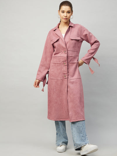 Athena Women Pink Solid Long Line Trench Coat - Athena Lifestyle