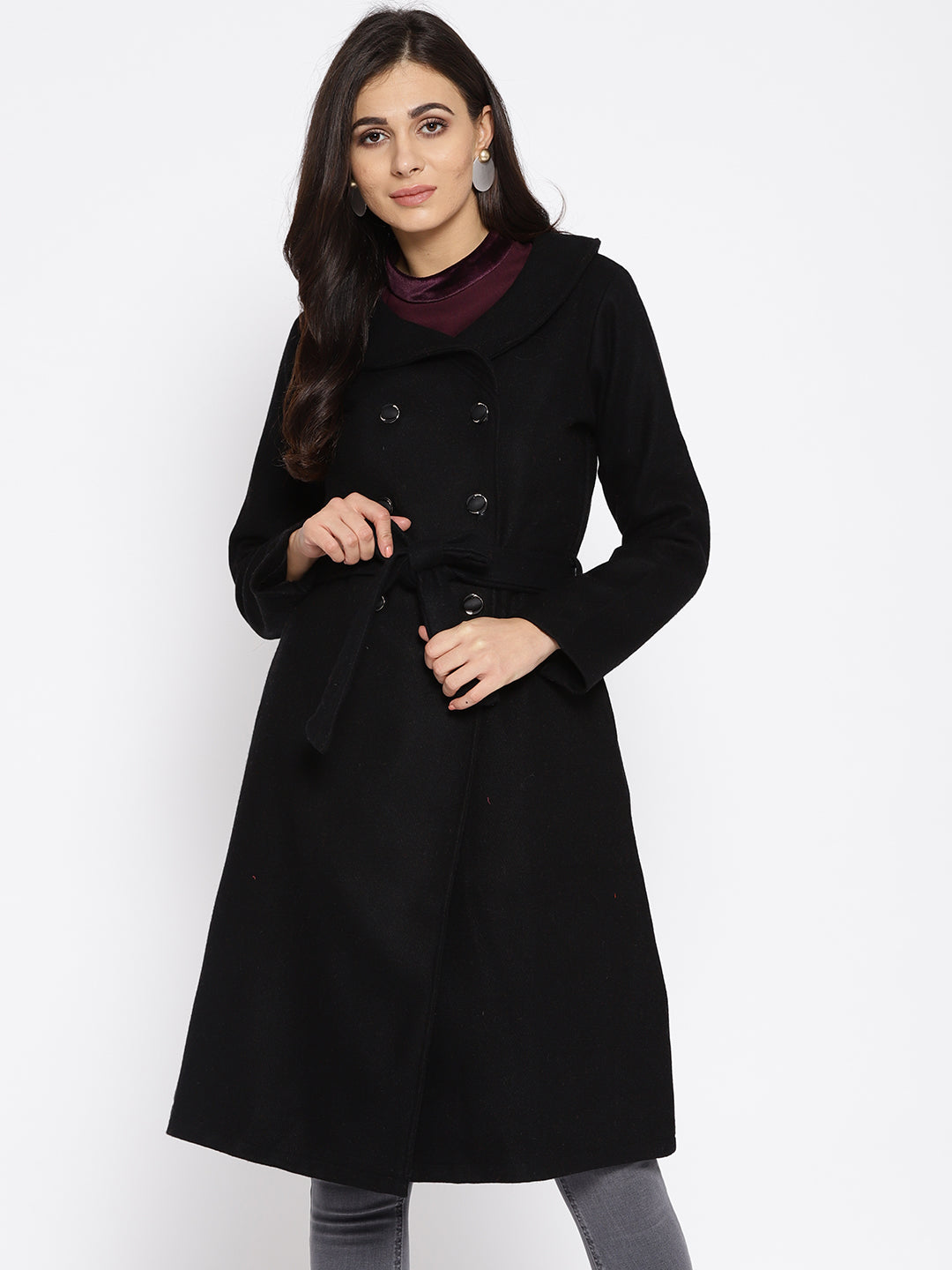 Athena Women Black Solid Longline Woolen Long Sleeve Overcoat - Athena Lifestyle