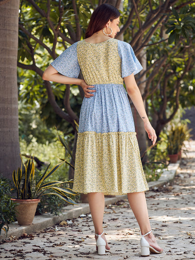 Athena Women Yellow & Blue Micro Ditsy Floral Printed Layered A-Line Midi Dress - Athena Lifestyle