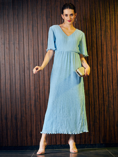 Athena Blue Striped V-Neck Pleated Maxi Dress - Athena Lifestyle