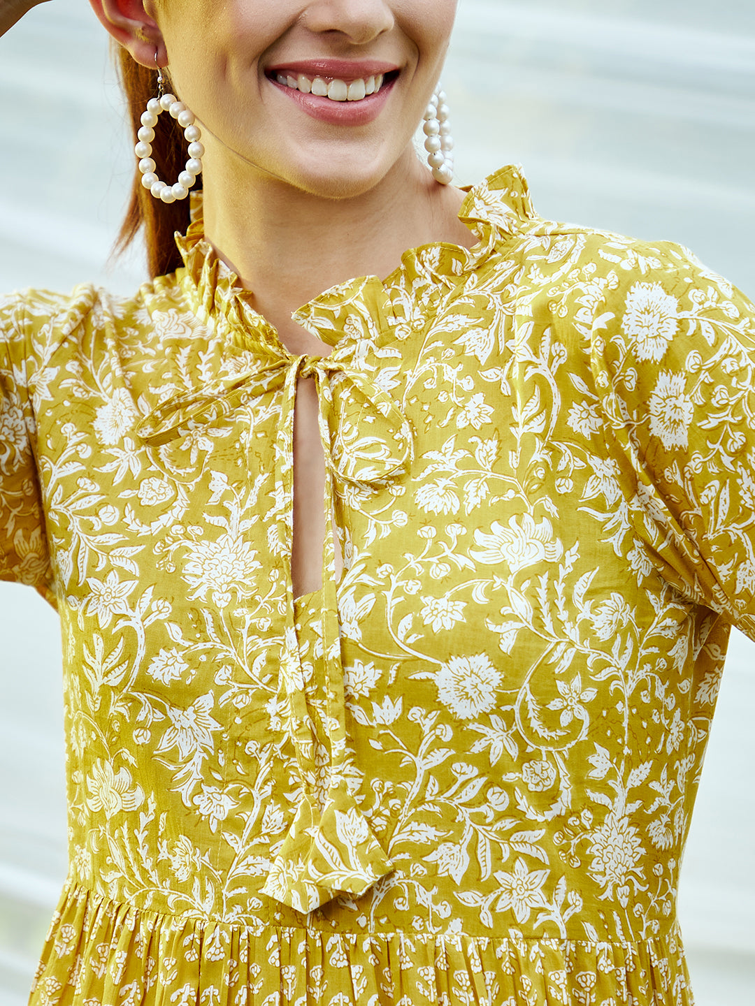 Athena Women Yellow & White Floral Tie-Up Neck Ethnic Maxi Dress - Athena Lifestyle