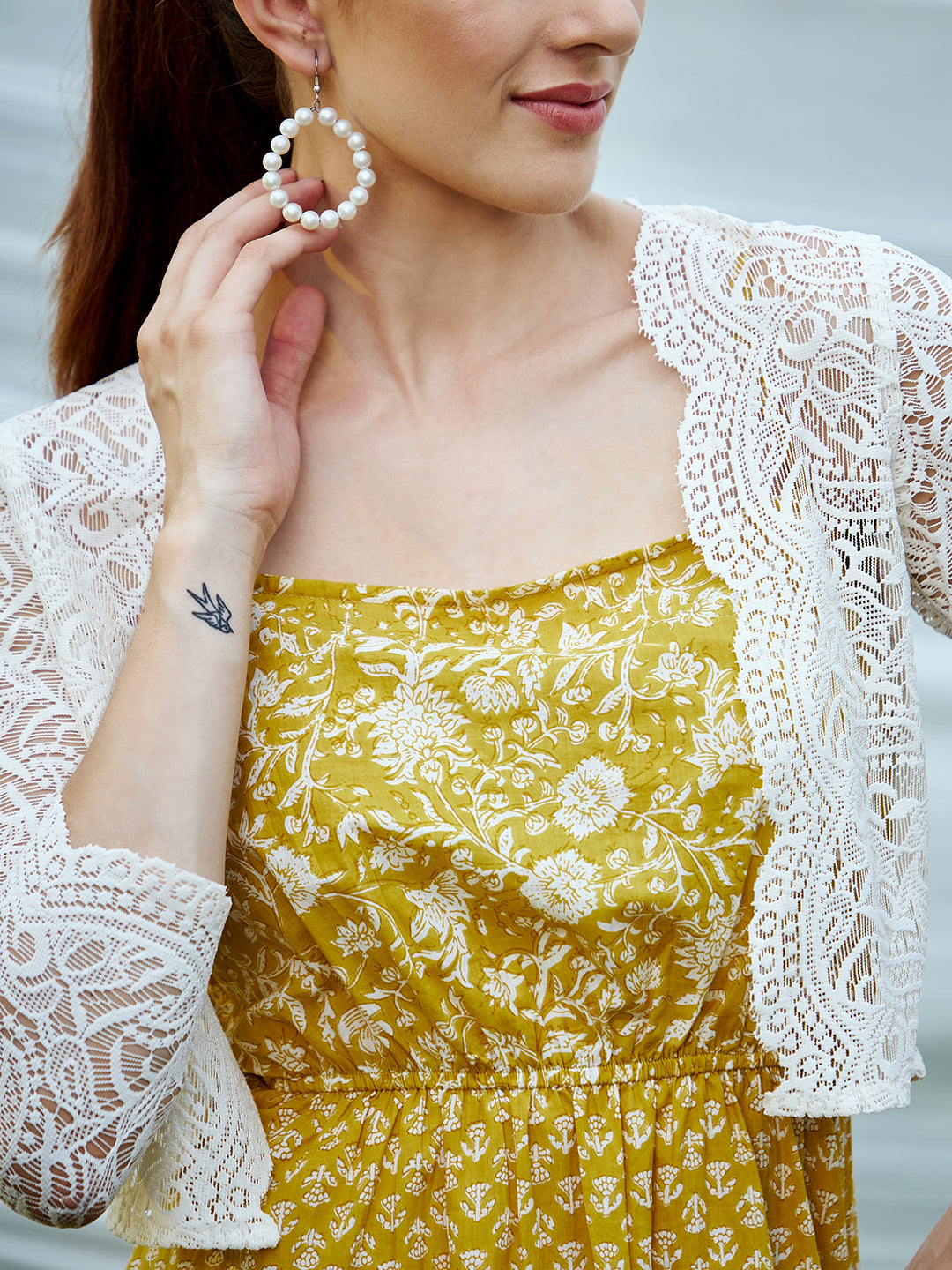 Athena Yellow & White Floral Midi Dress With Lace Jacket - Athena Lifestyle
