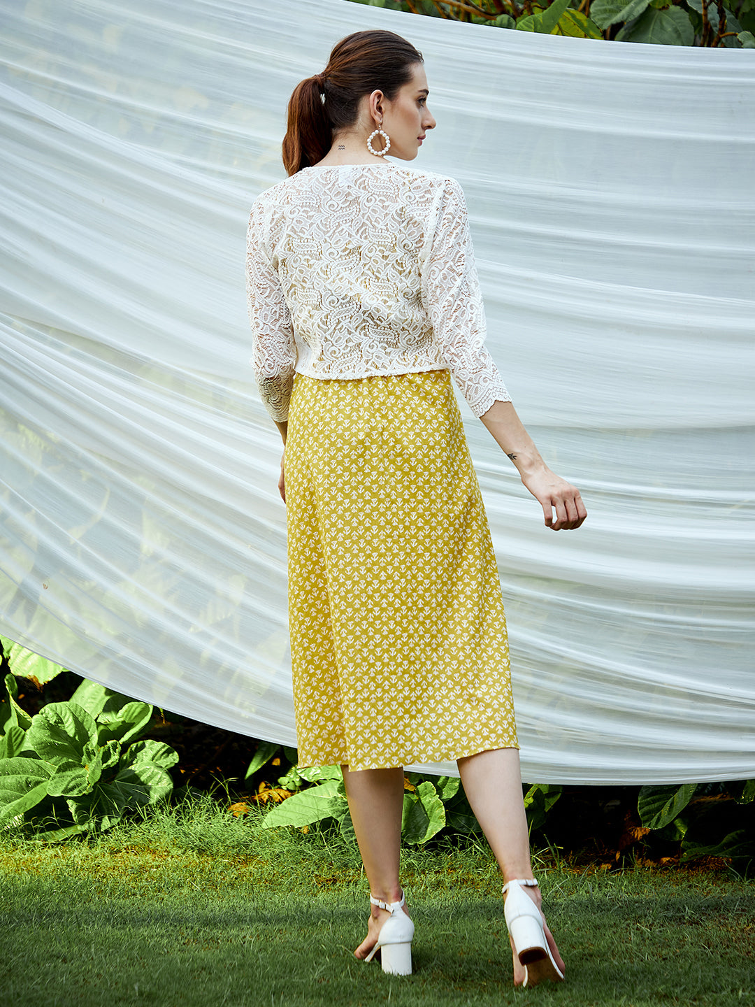 Athena Yellow & White Floral Midi Dress With Lace Jacket - Athena Lifestyle