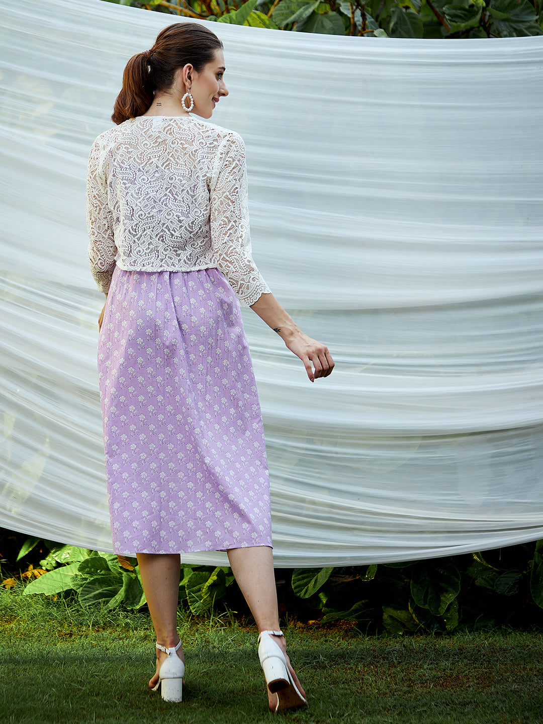 Athena Lavender Floral cotton A-Line Midi Dress With jJacket - Athena Lifestyle