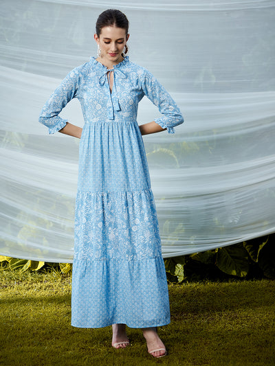 Athena Blue Floral Tie-Up Neck Ethnic Maxi Dress - Athena Lifestyle