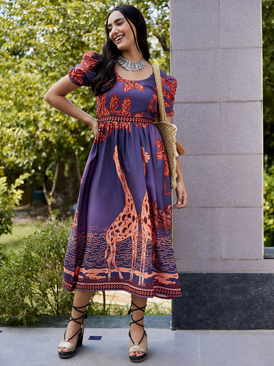 Athena Blue & Orange Ethnic Motifs Crepe Midi Dress - Athena Lifestyle