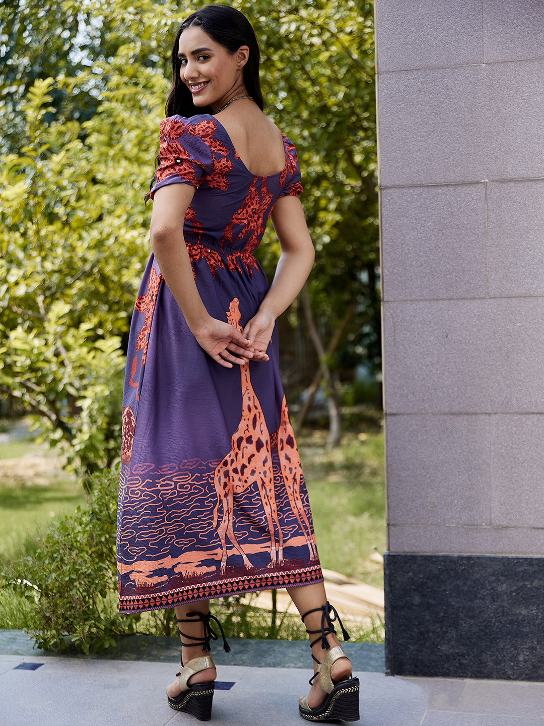 Athena Blue & Orange Ethnic Motifs Crepe Midi Dress - Athena Lifestyle
