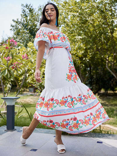 Athena White Floral Off-Shoulder Crepe Peplum Dress - Athena Lifestyle