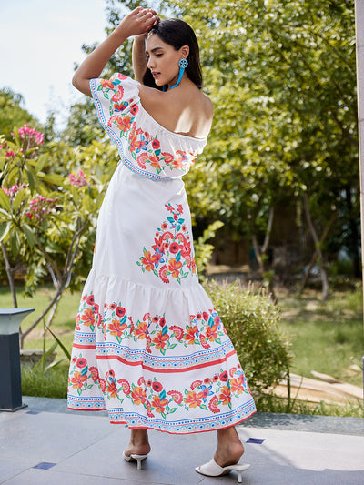 Athena White Floral Off-Shoulder Crepe Peplum Dress - Athena Lifestyle