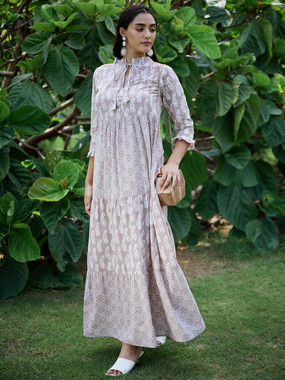Athena Beige Floral Ethnic Maxi Dress - Athena Lifestyle