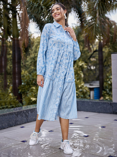 Athena Blue Printed Panelled Shirt Midi Lenght Dress - Athena Lifestyle