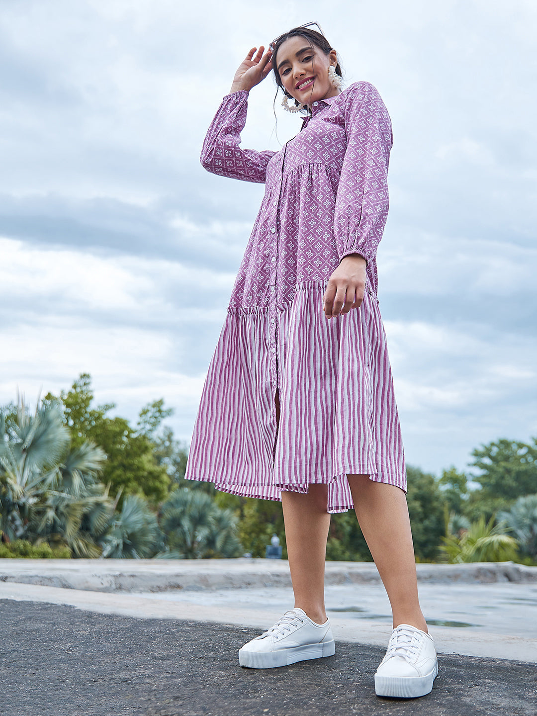 Athena Women Purple Ethnic Motifs Striped Cotton A-Line Midi Dress - Athena Lifestyle