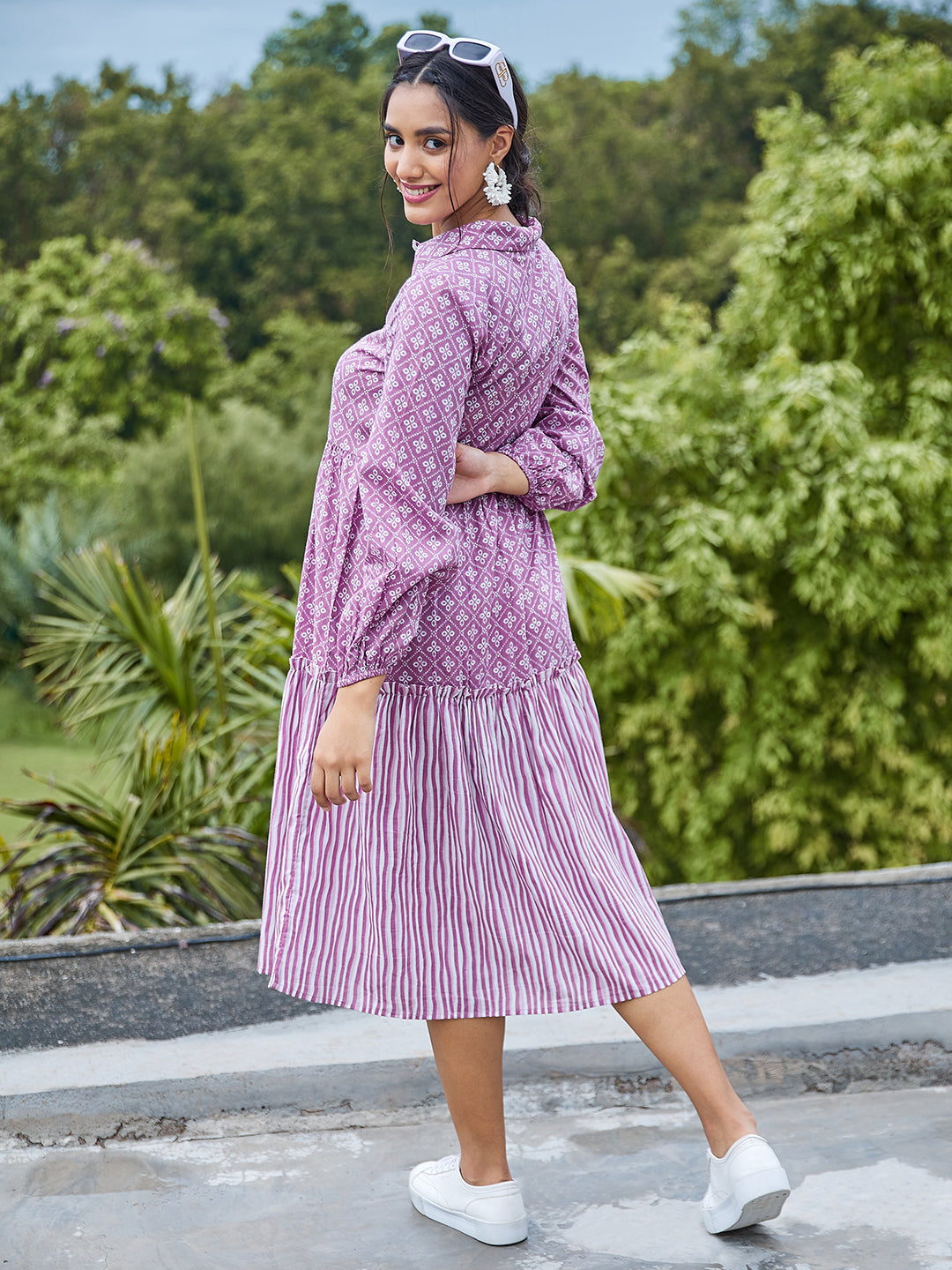 Athena Women Purple Ethnic Motifs Striped Cotton A-Line Midi Dress - Athena Lifestyle