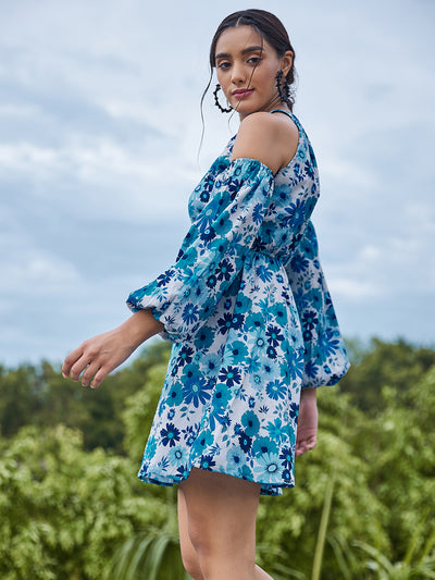 Athena Blue Floral Crepe A-Line Dress - Athena Lifestyle