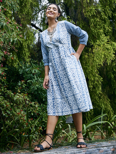 Athena Blue Printed Cotton Midi Dress - Athena Lifestyle