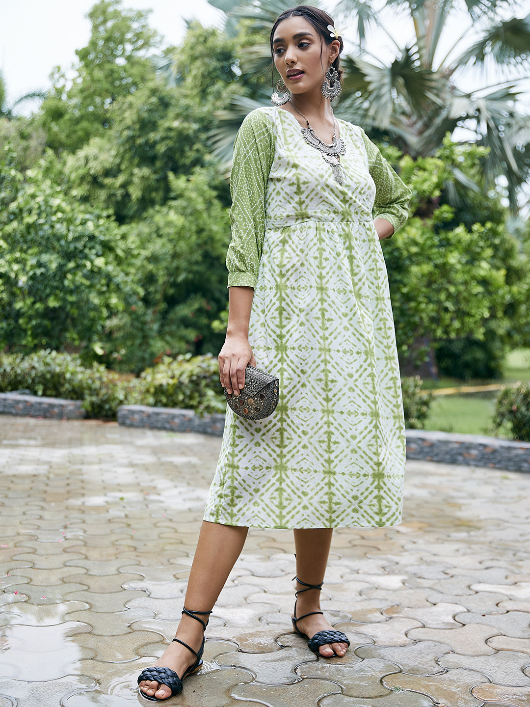 Athena Women Green Cotton Ethnic Empire Dress - Athena Lifestyle