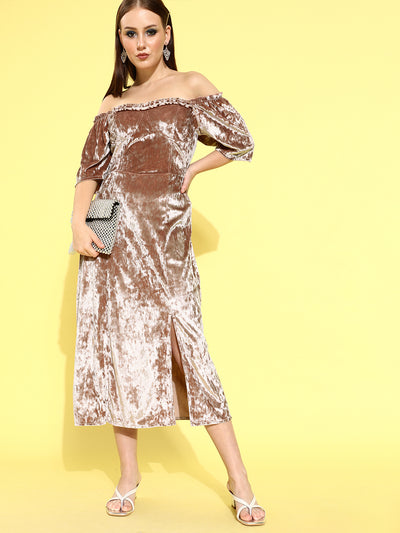 Athena Beige-Coloured Velvet Bardot Corset Style A-Line Midi Dress - Athena Lifestyle
