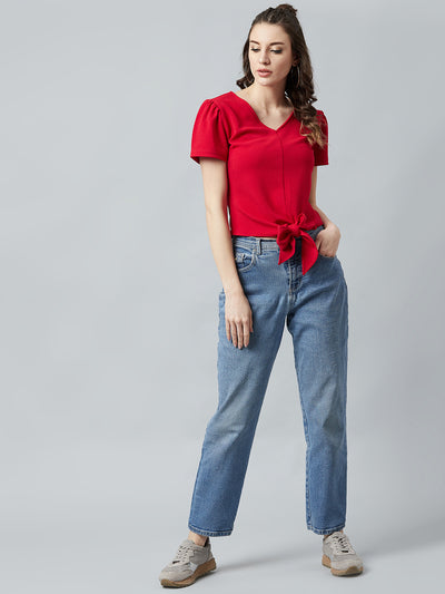 Athena Red Knotted Top With Puff Sleeves - Athena Lifestyle