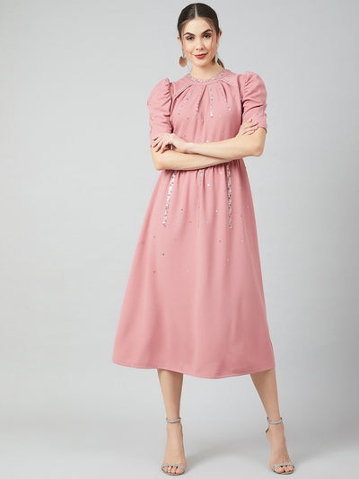 Athena Women Pink Solid Fit and Flare Dress - Athena Lifestyle