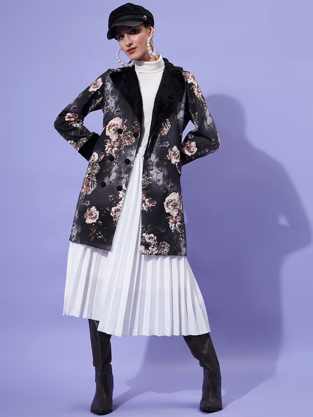 Athena Women Black Floral Printed Fur Notch Collar Overcoat - Athena Lifestyle
