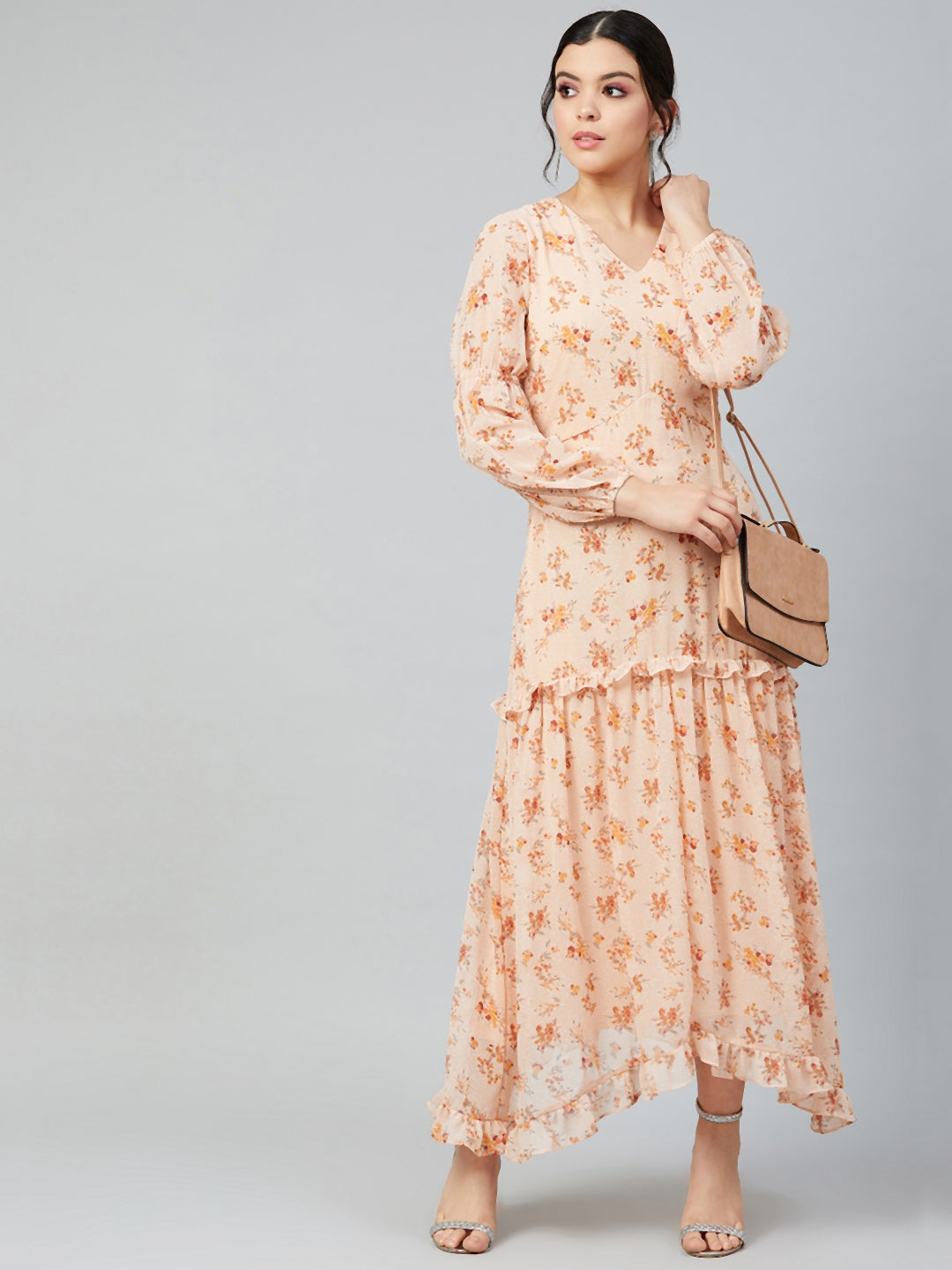 Athena Women Peach-Coloured & Maroon Floral Print Maxi Dress - Athena Lifestyle
