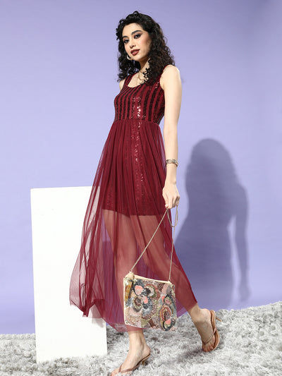 Athena Maroon Sequinned Semi-Sheer Net Maxi Dress - Athena Lifestyle
