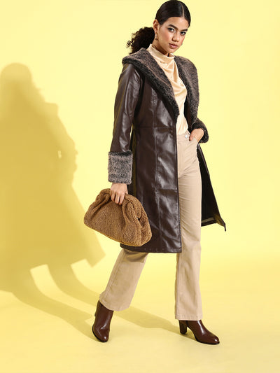 Athena Brown Leather Trench-coat with Fur and pocket details - Athena Lifestyle