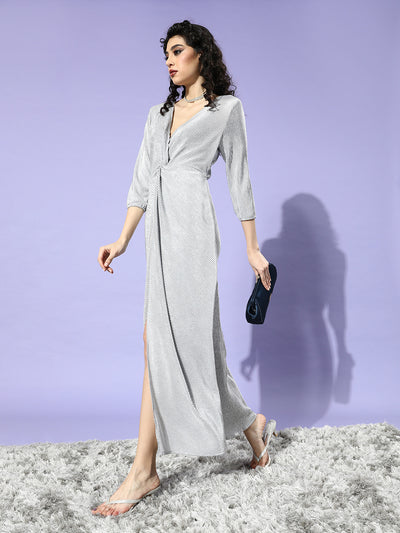 Athena Grey Accordion Pleats High-Slit Twisted Maxi Dress - Athena Lifestyle