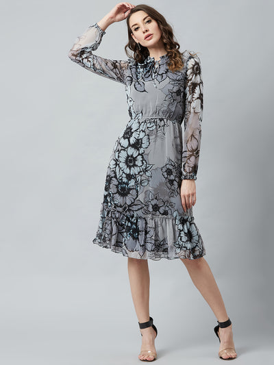 Athena Grey Floral Printed Fit and Flare Dress - Athena Lifestyle