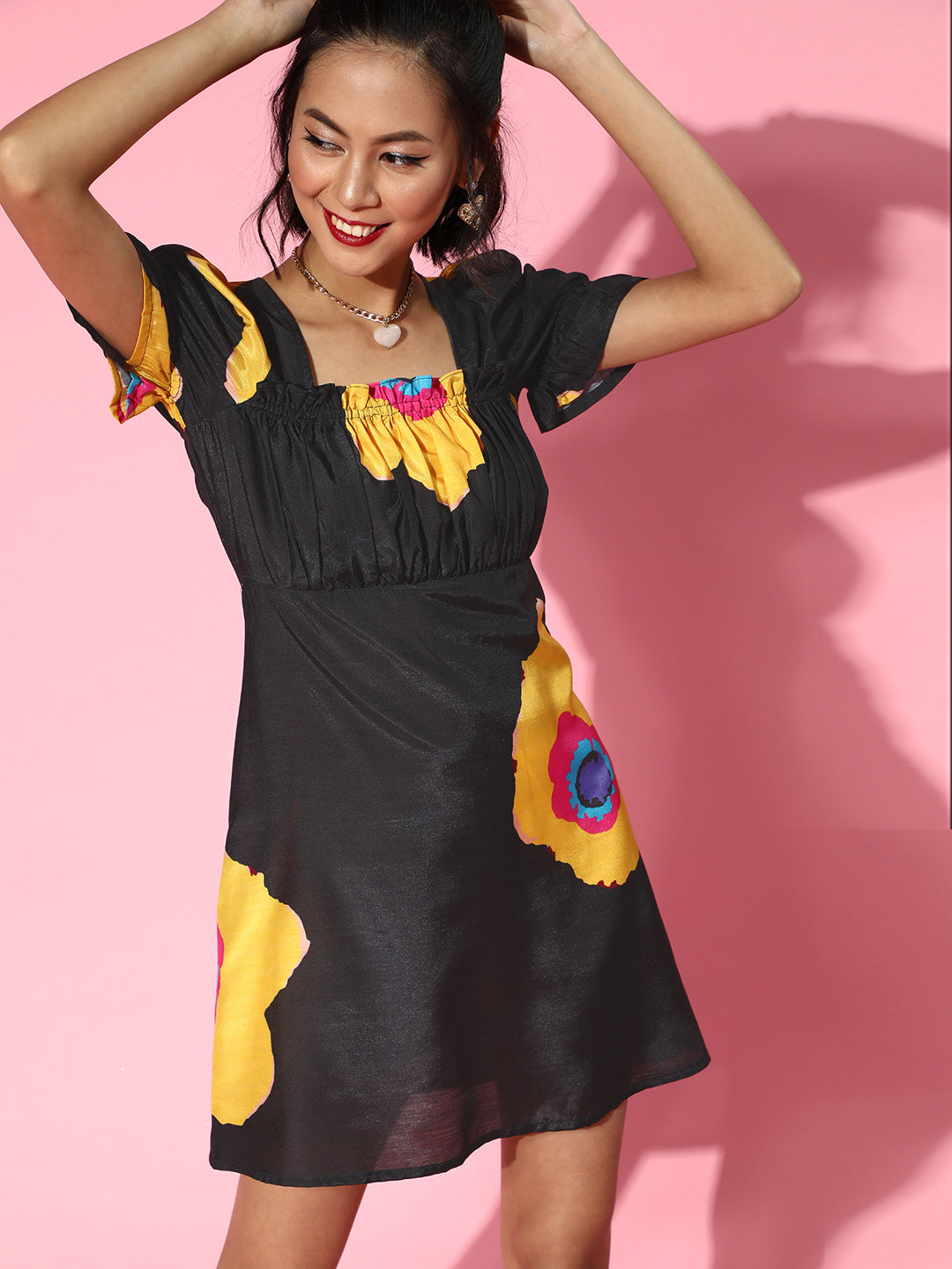 Athena Black Floral Puff Sleeve A line Dress - Athena Lifestyle