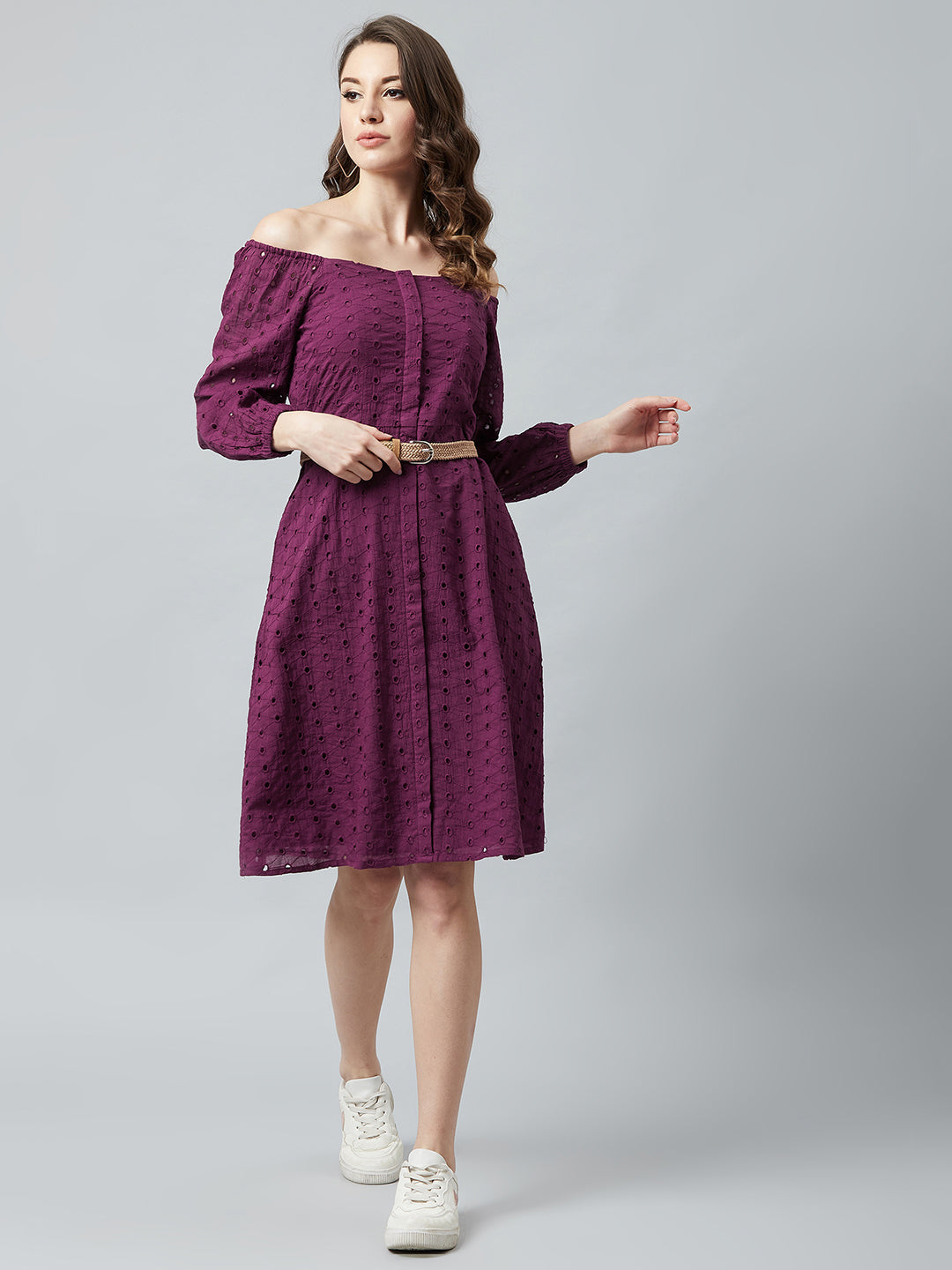 Athena Women Purple Self Design A-Line Dress - Athena Lifestyle