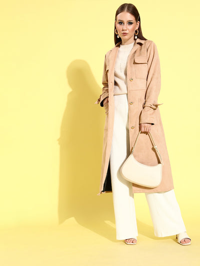 Athena Beige Suede trench coat with sleeve band and patch pocket details - Athena Lifestyle